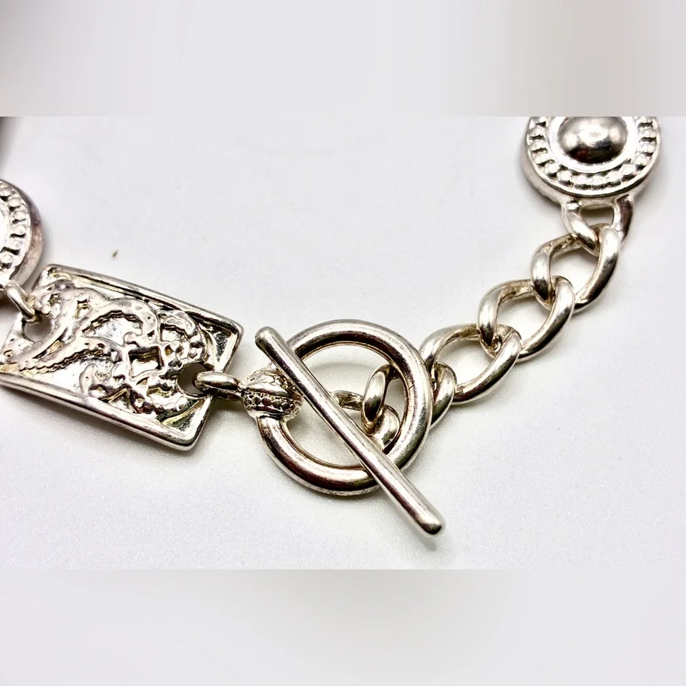 Vintage Premier Design Bracelet Fleur D' Lis Disc Silver Plate Toggle 8” Inches